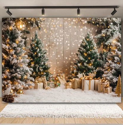 Premium Christmas Wall Art – Winter Cabin & Snowy Trees Holiday Background