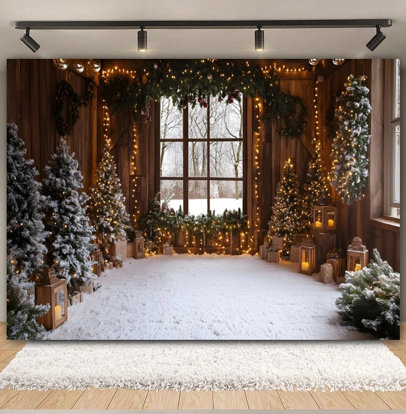 Premium Christmas Wall Art – Winter Cabin & Snowy Trees Holiday Background