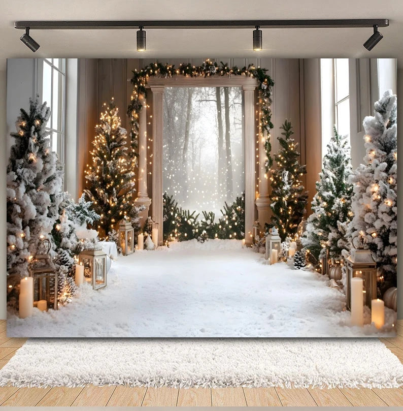 Premium Christmas Wall Art – Winter Cabin & Snowy Trees Holiday Background