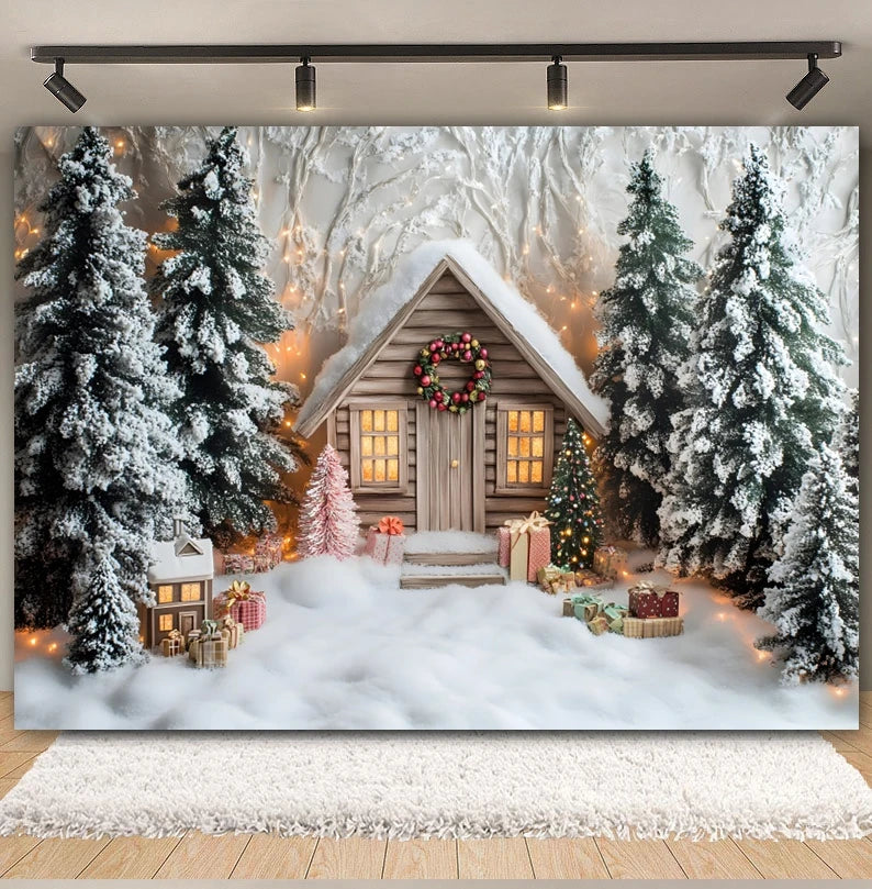 Premium Christmas Wall Art – Winter Cabin & Snowy Trees Holiday Background